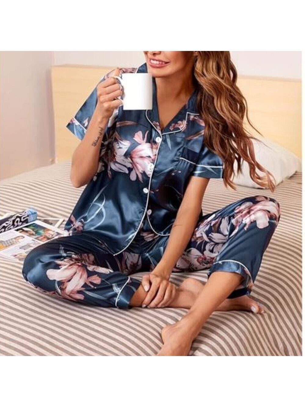 Floral Green Satin Pajama Set – Short Sleeve Button-Up Open Collar Sleepwear M